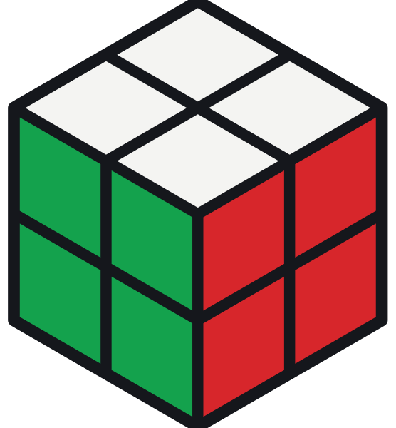 Çözülmüş bir 2×2 Rubik küp: her yüzde dört kare var ve her kare sekiz köşe parçasından birine ait. Merkez ya da kenar parçası yok.