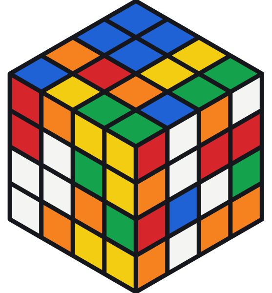 Karışık bir 4×4 Rubik küp: merkezler, kenarlar ve köşeler dağılmış