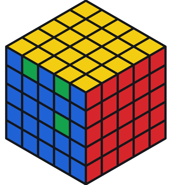 4×4’ün PLL paritesi dizisi çözülmüş bir 5×5’te: öndeki kenarın yan parçaları arkaya ait, ön merkezde de yabancı bir parça var. Bu dizi 5×5’i düzeltmez, bozar.