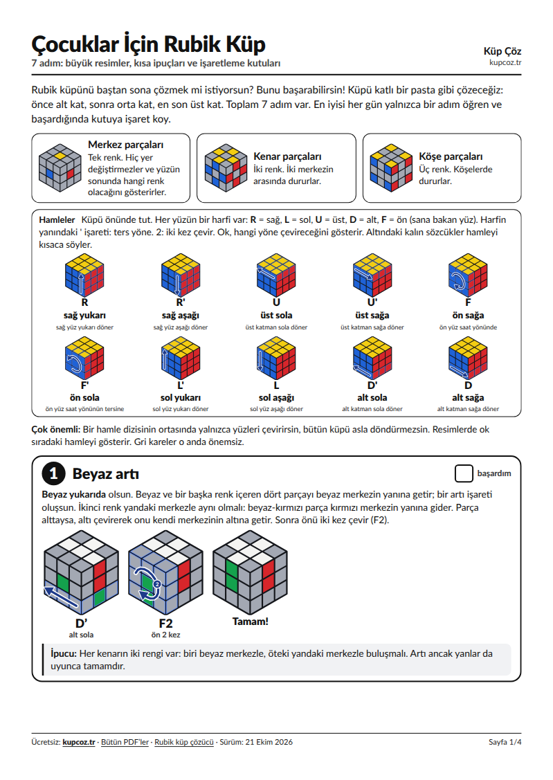 Çocuklar için Rubik küp PDF’inin ilk sayfası