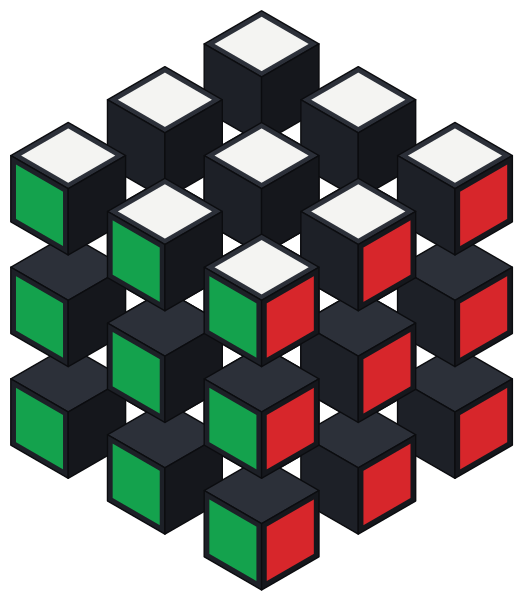 Parçalarına ayrılmış bir 3×3 Rubik küp: 6 merkez, 12 kenar ve 8 köşe parçası. Renkli kareler yalnızca parçaların dışa bakan yüzlerinde.
